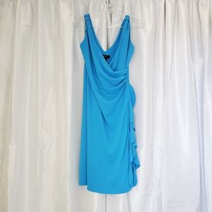 Turquoise blue sleeveless V neck sheath dress